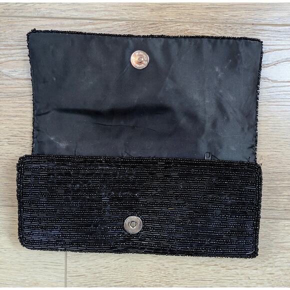 Beaded Clutch Bag Black Seed Bugle Bead Evening Purse Formal Wedding Vintage - Picture 7 of 9